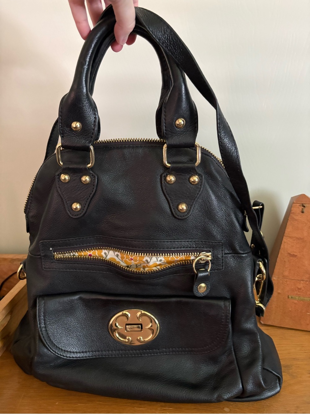 Emma Fox Black Leather Satchel with Gold Hardware